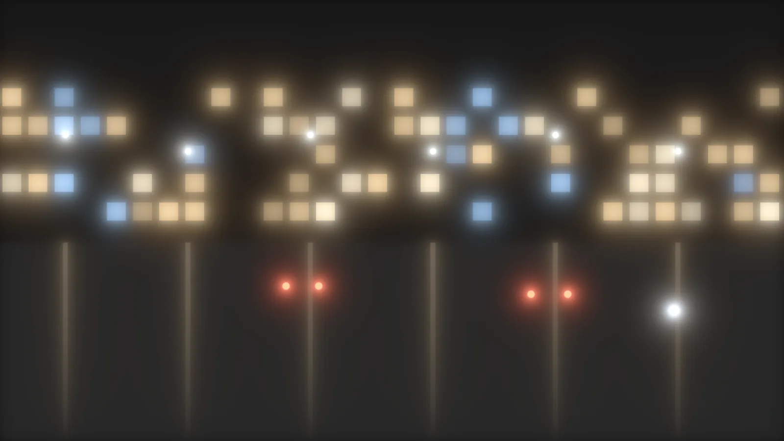 A dark test frame of lit windows, street lamps and tail lights, each wrapped in a soft glow. The tail lights glow red.